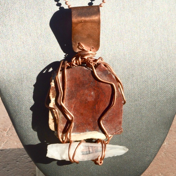 Conceptual Subculture Jewelry - Red Jasper Copper Lemurian Crystal Pendant Boho
